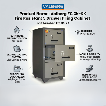 Valberg FC 3K-KK Fire Resistant 3 Drawer Filing Cabinet 