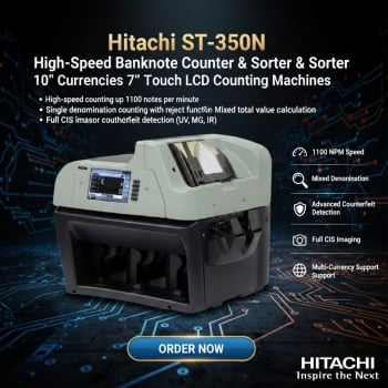 Hitachi ST-350N High‑Speed Banknote Counter & Sorter 10 Currencies 7″ Touch LCD Counting Machines