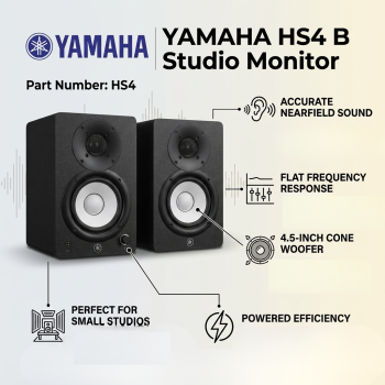 Yamaha HS4 B 4.5” Compact Studio Monitor 26W+26W Powered 2-Way Recording Speaker