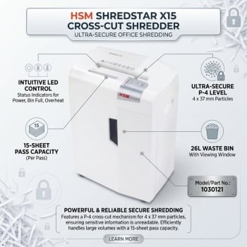 HSM SHREDSTAR X15 4 x 37 mm P-4 15 Sheet Capacity Cross Cut Shredder