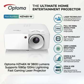 Optoma HZ146X-W 3800 Lumens Supports 1080p 120Hz Lightning Fast Gaming Laser Projector