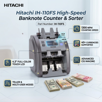 Hitachi IH‑110FS High‑Speed Banknote Counter & Sorter 40+ Currencies 1300 NPM 4.3&Prime; Touch LCD Counting Machines
