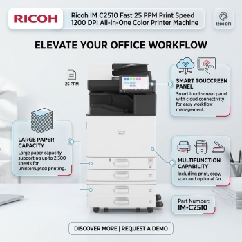 Ricoh IM C2510 Fast 25 PPM Print Speed 1200 DPI All-in-One Color Printer Machine