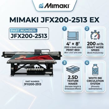 Mimaki JFX200-2513 EX 98 x 51" UV-LED Flatbed Graphics UV Printer