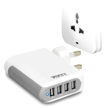 Port Design Wall Charger with 4 X USB Ports - Grey, White