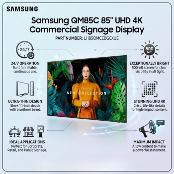 Samsung QM85C 85" UHD 4K Commercial Signage Display for Business