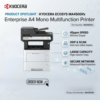 Kyocera ECOSYS MA4500ifx Enterprise A4 Mono Multifunction Printer 45ppm 1200dpi Print Copy Scan Fax Secure Network System