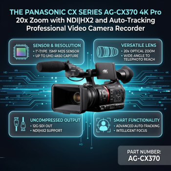 Panasonic CX Series AG-CX370 4K Pro 20x Zoom with NDI|HX2 and Auto-Tracking Professional Video Camera Recorder