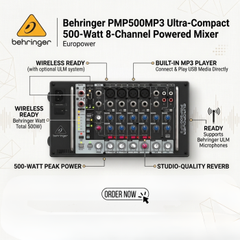 Behringer PMP500MP3 Ultra-Compact 500-Watt 8-Channel Powered Mixer