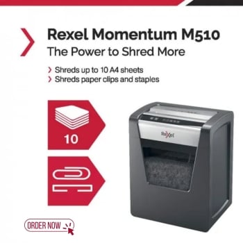 Rexel Momentum M510 P-5 Micro Cut Paper Shredder 10 Sheet Jam-Free Auto Reverse 23L Shredding Machine