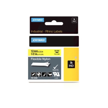 Dymo Rhino S0718080 Flexible Nylon Tape 12mm x 3.5m - Black on Yellow