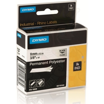 Dymo Rhino S0718160 Permanent Polyester Tape 9mm x 5.5m - Black on Clear