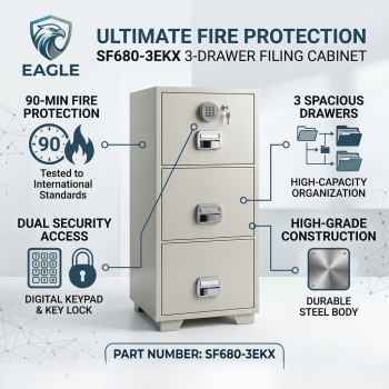Eagle SF680-3EKX 3 Drawer Fire Resistant Filing Cabinet with Digital & Key Lock (Top Drawer Only)