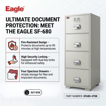 Eagle SF680-4TKK 4 Drawer Fire Resistant Filing Cabinet with Dual Keylock Top Drawer & Single Keylocks on Remaining Drawers