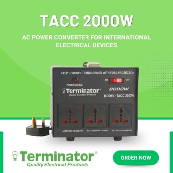 Terminator TACC 2000W 220V to 110V Step Down Voltage Converter Heavy Duty Transformer for Appliances