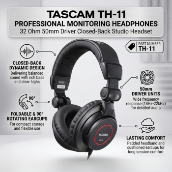 Tascam TH-11 Professional Monitoring Headphones 32 Ohm 50mm Driver Closed-Back Studio Headset
