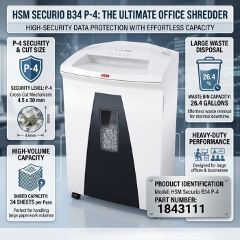 HSM Securio B34 Heavy-Duty 34-Sheet Cross-Cut Office Shredder (P-4 Security, 60L Bin)