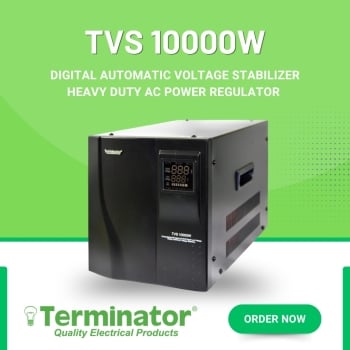 Terminator TVS 10000W Automatic Voltage Stabilizer 105–270V to 220V Heavy Duty Voltage Regulator for Home, AC & Commercial Appliances