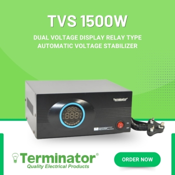 Terminator TVS 1500W Voltage Stabilizer 105–270V to 220V Automatic Relay Type Voltage Regulator Dual Display Heavy Duty for Home & Appliances