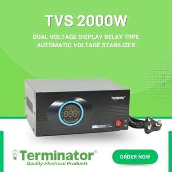 Terminator TVS 2000W Digital Voltage Stabilizer 220V Output Relay Type Automatic AVR for Home, AC & Appliance Protection