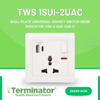 Terminator TWS 1SUI-2UAC Wall Plate Universal Socket with Switch Neon Indicator USB-A & USB-C Charging 13A Smart Electrical Outlet for Home & Office - (MOQ = 10 Pieces)