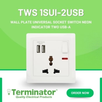 Terminator TWS 1SUI-2USB Wall Plate Universal Socket with Switch Neon Indicator Dual USB-A Charging 13A Electrical Outlet - (MOQ = 10 Pieces)
