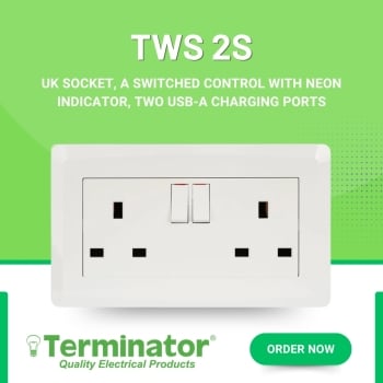 Terminator TWS 2S Wall Plate 2 UK Sockets with Switches Heavy Duty Electrical Outlet 13A Dual Power Socket for Home & Commercial Use - (MOQ = 10 Pieces)