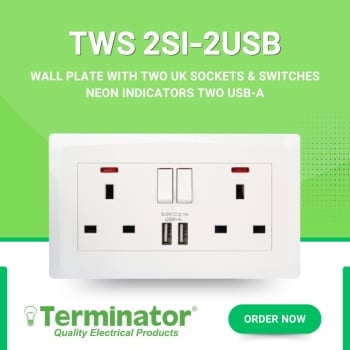 Terminator TWS 2SI-2USB Wall Plate 2 UK Sockets with Switches Neon Indicators Dual USB-A Charging 13A Electrical Outlet for Home & Office Use - (MOQ = 10 Pieces)