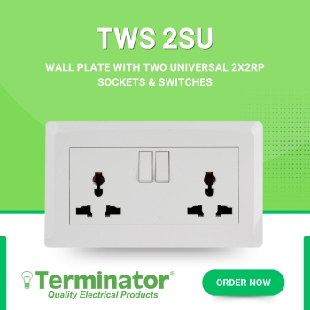 Terminator TWS 2SU Wall Plate 2 Universal 2x2RP Sockets with Switches Heavy Duty Electrical Outlet for Residential & Commercial Use - (MOQ = 10 Pieces)