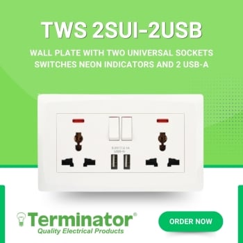 Terminator TWS 2SU Wall Plate 2 Universal Sockets 2x2RP with Switches Neon Indicators Heavy Duty Electrical Outlet for Home, Office & Commercial Use - (MOQ = 10 Pieces)