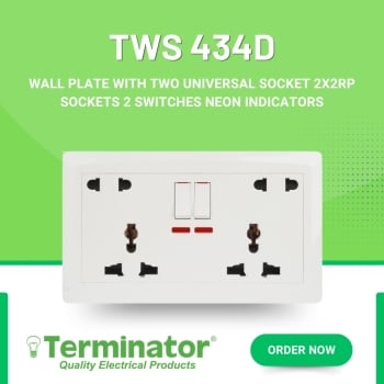 Terminator TWS 434D Wall Plate 2 Universal + 2x2RP Sockets with 2 Switches Neon Indicators Heavy Duty Electrical Outlet for Home & Commercial Use - (MOQ = 10 Pieces)