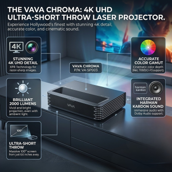 VAVA Chroma 2000 Lumens XPR 4K UHD Ultra-Short Throw Laser DLP Smart Home Theater Projector