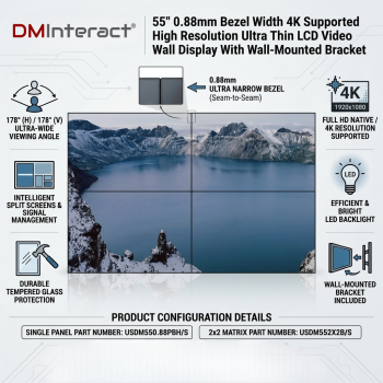 DMInteract 55" 0.88mm Bezel Width 4K Supported High Resolution Ultra Thin LCD Video Wall Display With Wall-Mounted Bracket