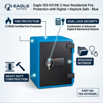 Eagle YES-031DK 40L Fire Resistant Digital Safe with Key Lock, Tray & Shelf - Blue