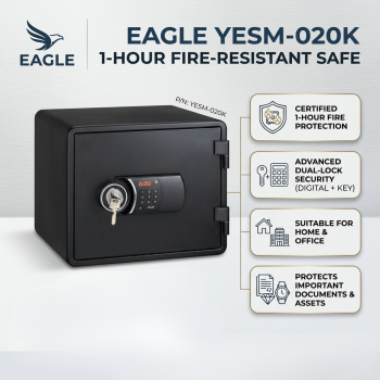 Eagle YESM-020K 20L Fire Resistant Digital Safe with Key Lock & Adjustable Tray - Black